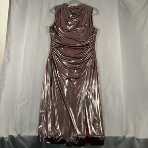 Vince Camuto Dress Womens 14 Metallic Rose Gold Ruched Cowl Neck Gown Evening